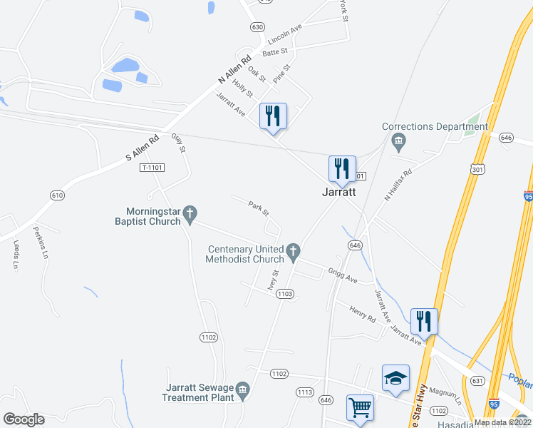 map of restaurants, bars, coffee shops, grocery stores, and more near 228 Park Street in Jarratt