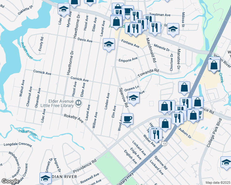 map of restaurants, bars, coffee shops, grocery stores, and more near 1405 Elm Avenue in Chesapeake