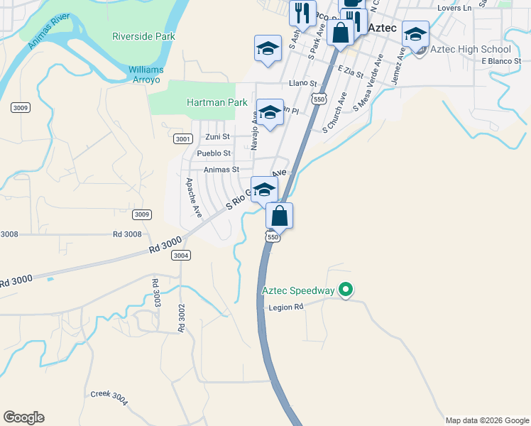 map of restaurants, bars, coffee shops, grocery stores, and more near 721 South Main Avenue in Aztec