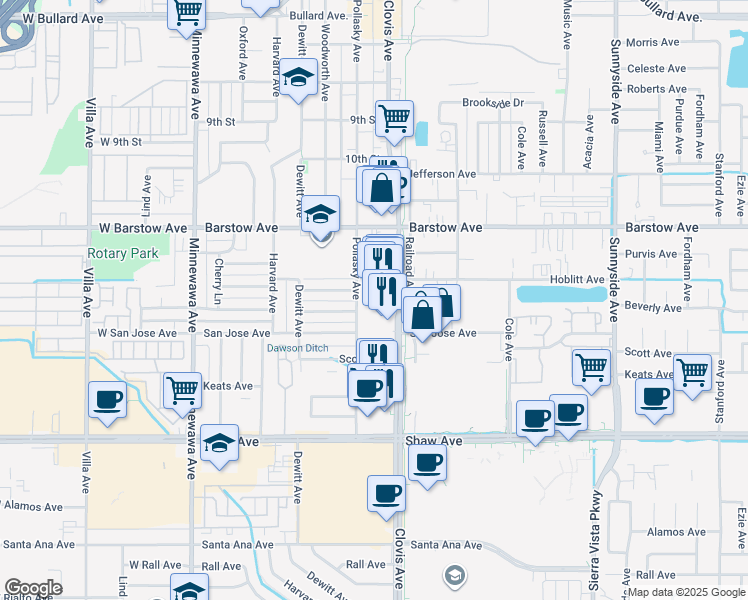 map of restaurants, bars, coffee shops, grocery stores, and more near 1507 Pollasky Avenue in Clovis