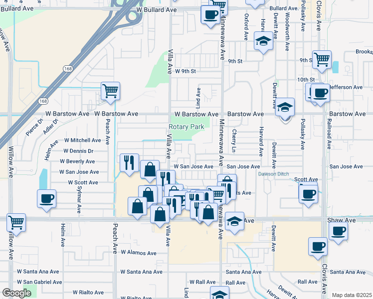 map of restaurants, bars, coffee shops, grocery stores, and more near 1472 Mayflower Way in Clovis
