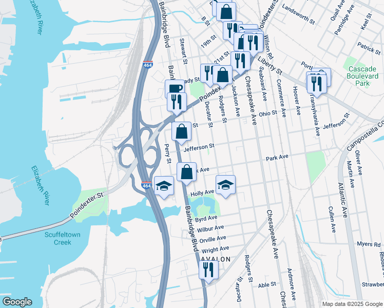 map of restaurants, bars, coffee shops, grocery stores, and more near 1309 Hull Street in Chesapeake