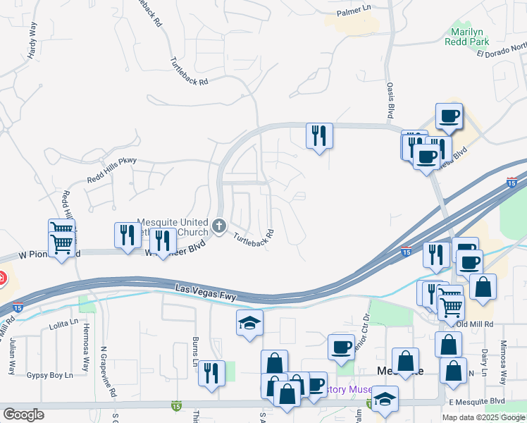 map of restaurants, bars, coffee shops, grocery stores, and more near 441 Turtleback Road in Mesquite