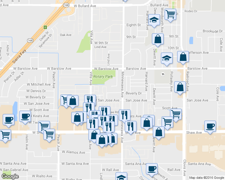 map of restaurants, bars, coffee shops, grocery stores, and more near 60 West Beverly Avenue in Clovis