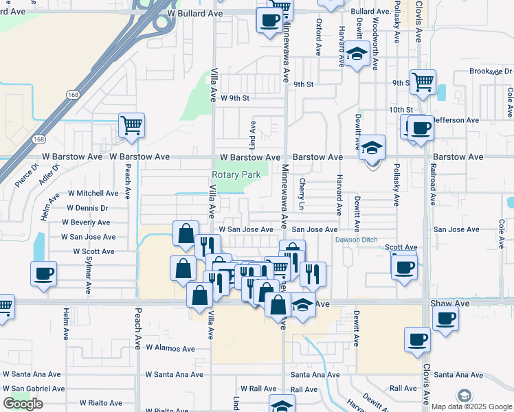map of restaurants, bars, coffee shops, grocery stores, and more near 60 West Beverly Avenue in Clovis