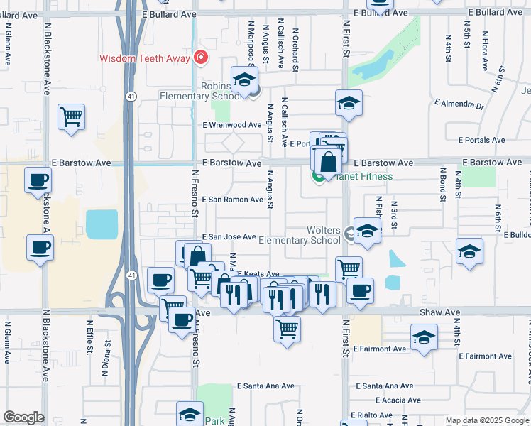 map of restaurants, bars, coffee shops, grocery stores, and more near 5246 North Angus Street in Fresno