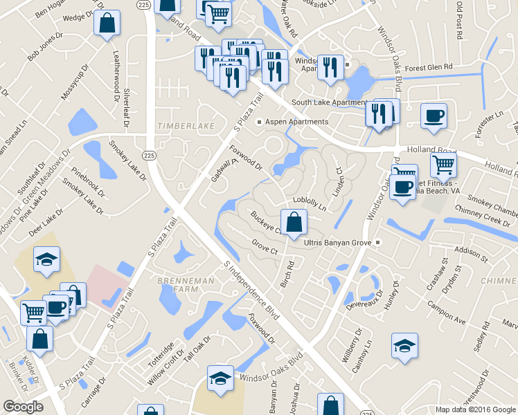 map of restaurants, bars, coffee shops, grocery stores, and more near 4253 Buckeye Court in Virginia Beach