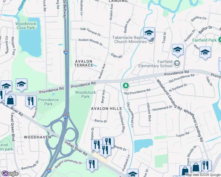 map of restaurants, bars, coffee shops, grocery stores, and more near 5629 Old Providence Road in Virginia Beach