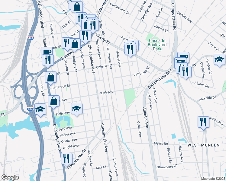 map of restaurants, bars, coffee shops, grocery stores, and more near 1402 Commerce Avenue in Chesapeake