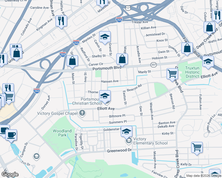 map of restaurants, bars, coffee shops, grocery stores, and more near 513 Beacon Road in Portsmouth