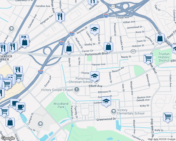 map of restaurants, bars, coffee shops, grocery stores, and more near 213 Woodstock Street in Portsmouth