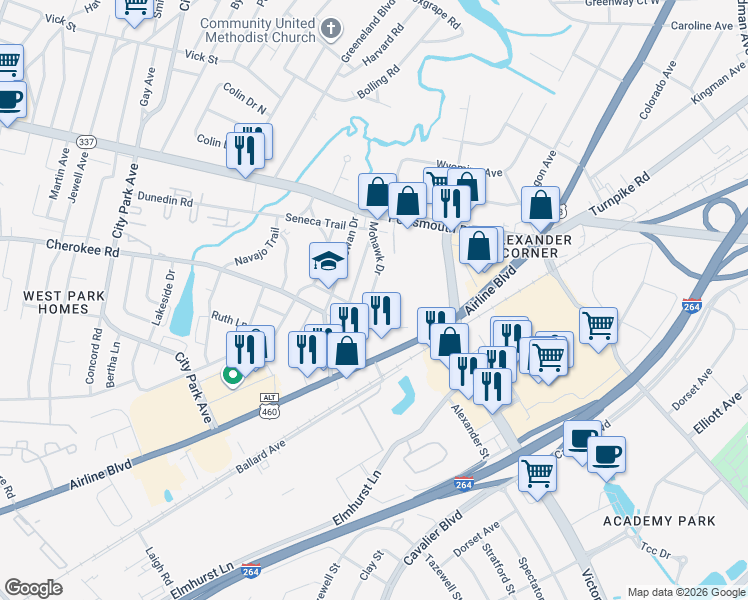 map of restaurants, bars, coffee shops, grocery stores, and more near 9 Mohican Drive in Portsmouth