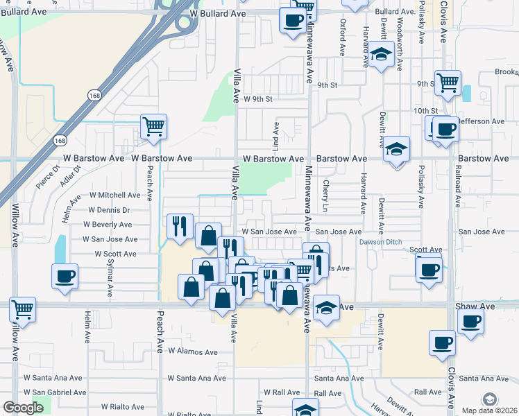 map of restaurants, bars, coffee shops, grocery stores, and more near 1472 Mayflower Way in Clovis