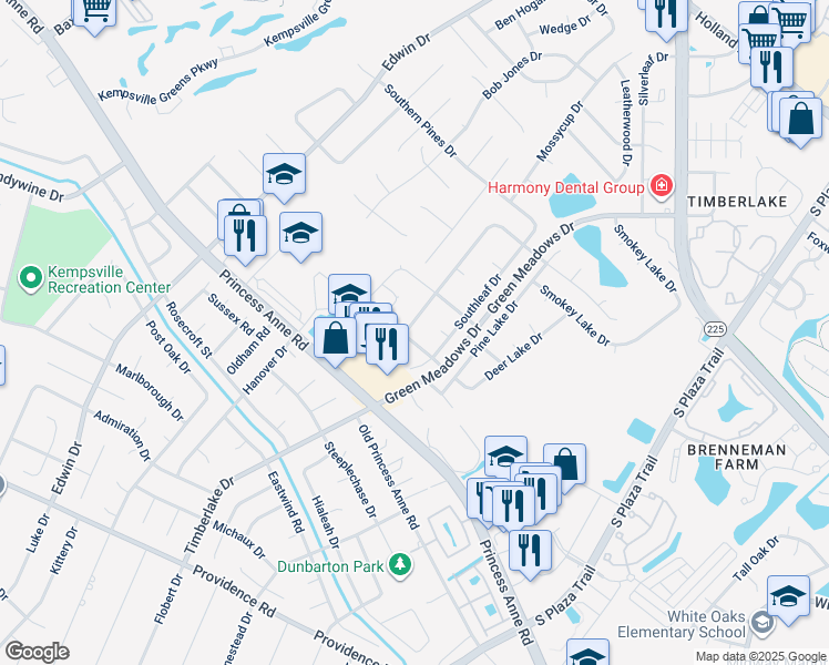 map of restaurants, bars, coffee shops, grocery stores, and more near 4512 Pinyon Drive in Virginia Beach