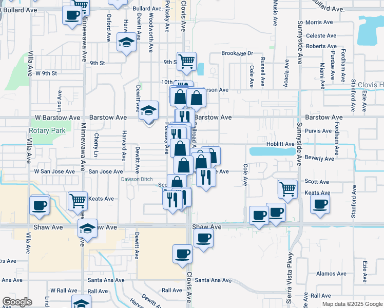 map of restaurants, bars, coffee shops, grocery stores, and more near Fresno-Clovis Rail-Trail in Clovis