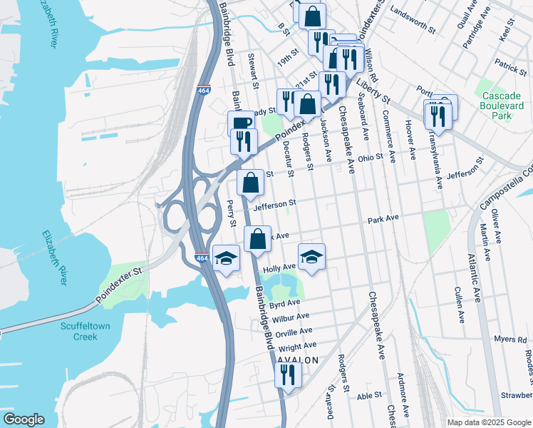 map of restaurants, bars, coffee shops, grocery stores, and more near 1309 Hull Street in Chesapeake