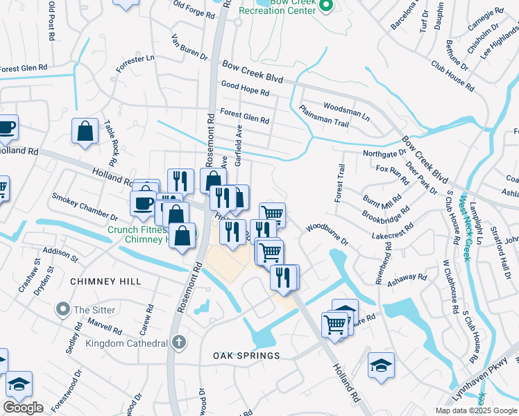 map of restaurants, bars, coffee shops, grocery stores, and more near 3442 Waltham Circle in Virginia Beach