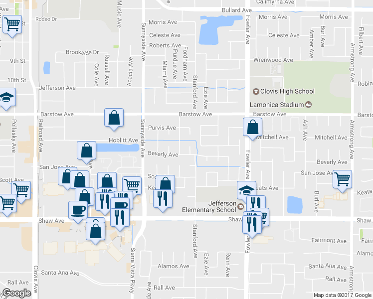 map of restaurants, bars, coffee shops, grocery stores, and more near 1438 Beverly Court in Clovis
