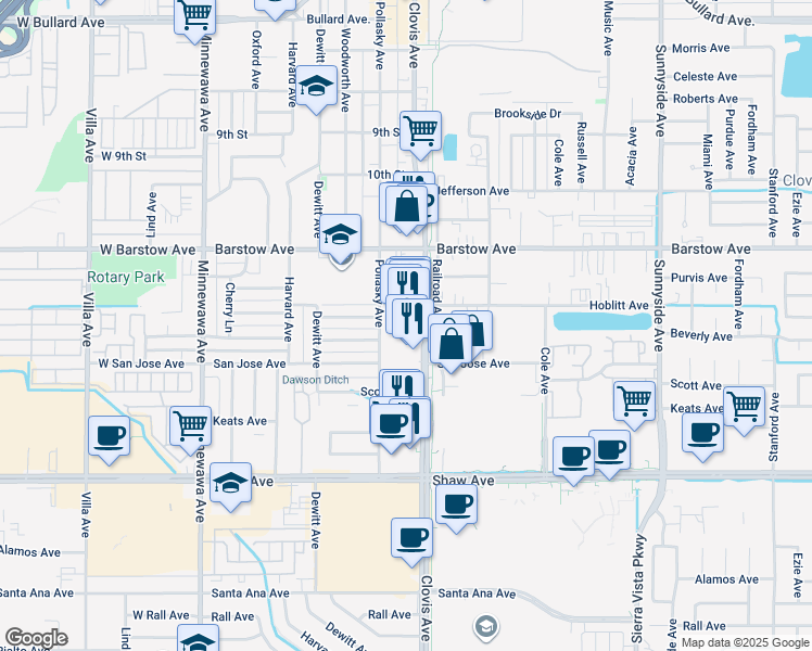 map of restaurants, bars, coffee shops, grocery stores, and more near 1507 Pollasky Avenue in Clovis