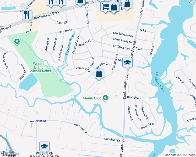map of restaurants, bars, coffee shops, grocery stores, and more near 4140 Valencia Road in Chesapeake