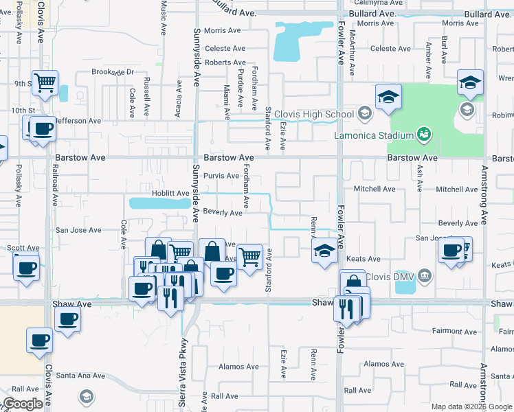 map of restaurants, bars, coffee shops, grocery stores, and more near 1438 Beverly Court in Clovis