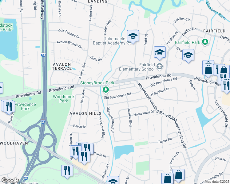 map of restaurants, bars, coffee shops, grocery stores, and more near 5577 New Colony Drive in Virginia Beach