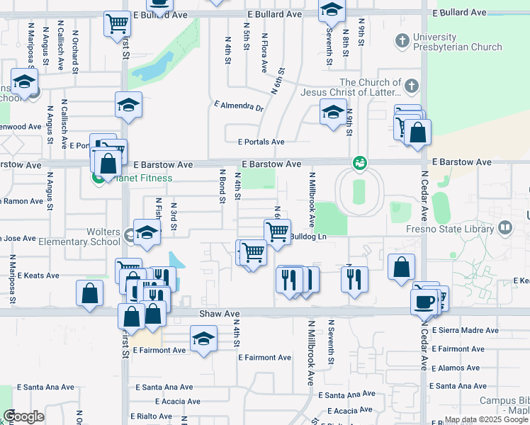 map of restaurants, bars, coffee shops, grocery stores, and more near 1368 East San Bruno Avenue in Fresno