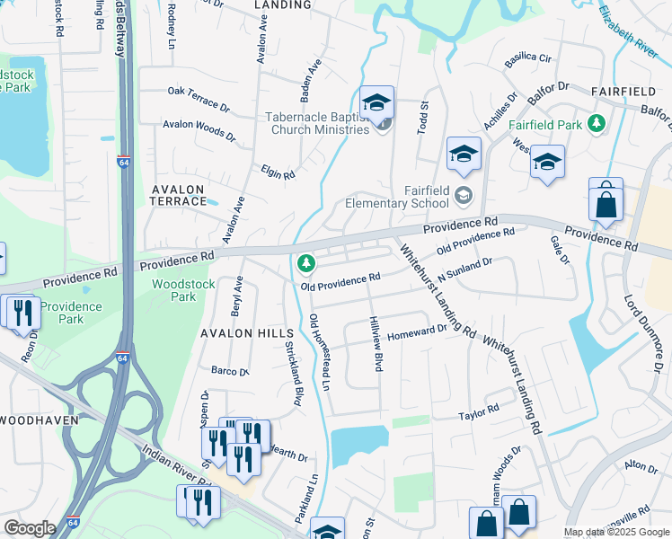 map of restaurants, bars, coffee shops, grocery stores, and more near 5573 New Colony Drive in Virginia Beach
