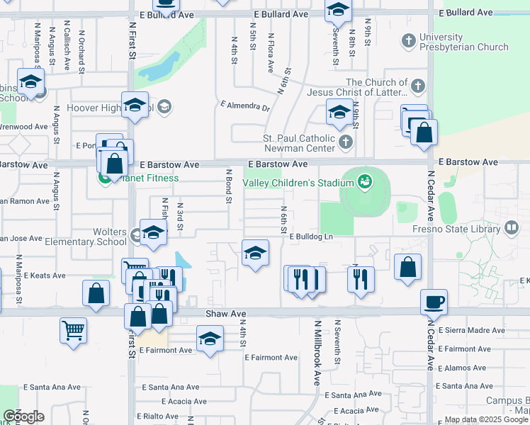 map of restaurants, bars, coffee shops, grocery stores, and more near 1341 East San Bruno Avenue in Fresno