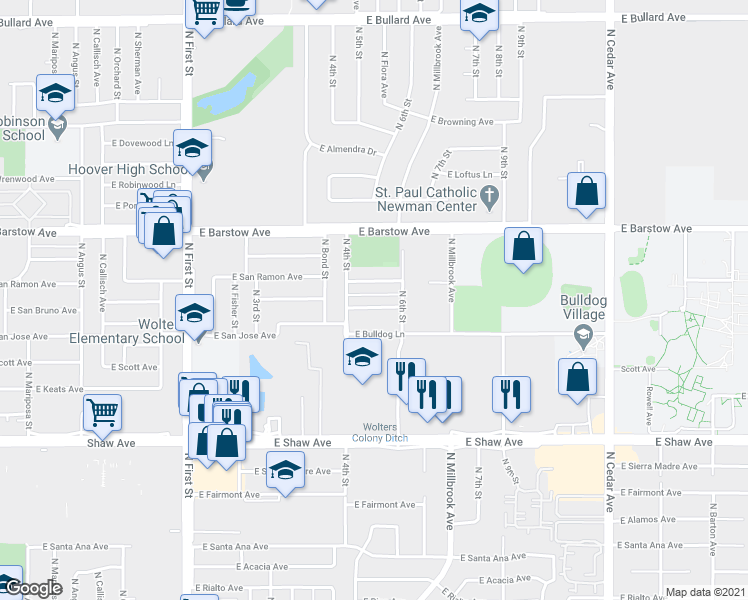 map of restaurants, bars, coffee shops, grocery stores, and more near 1341 East San Bruno Avenue in Fresno