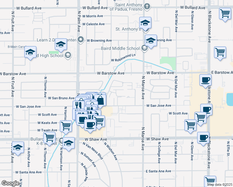 map of restaurants, bars, coffee shops, grocery stores, and more near 578 West San Jose Avenue in Fresno