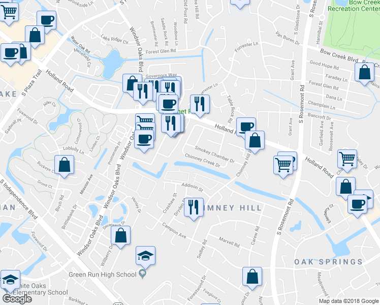 map of restaurants, bars, coffee shops, grocery stores, and more near 3804 Chimney Creek Drive in Virginia Beach