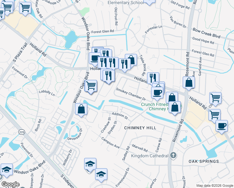 map of restaurants, bars, coffee shops, grocery stores, and more near 3804 Chimney Creek Drive in Virginia Beach