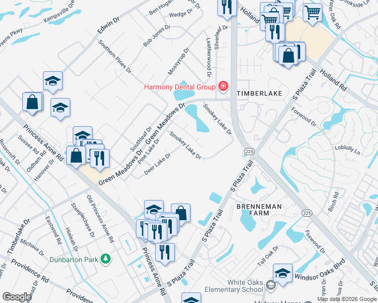 map of restaurants, bars, coffee shops, grocery stores, and more near 4449 Smokey Lake Drive in Virginia Beach