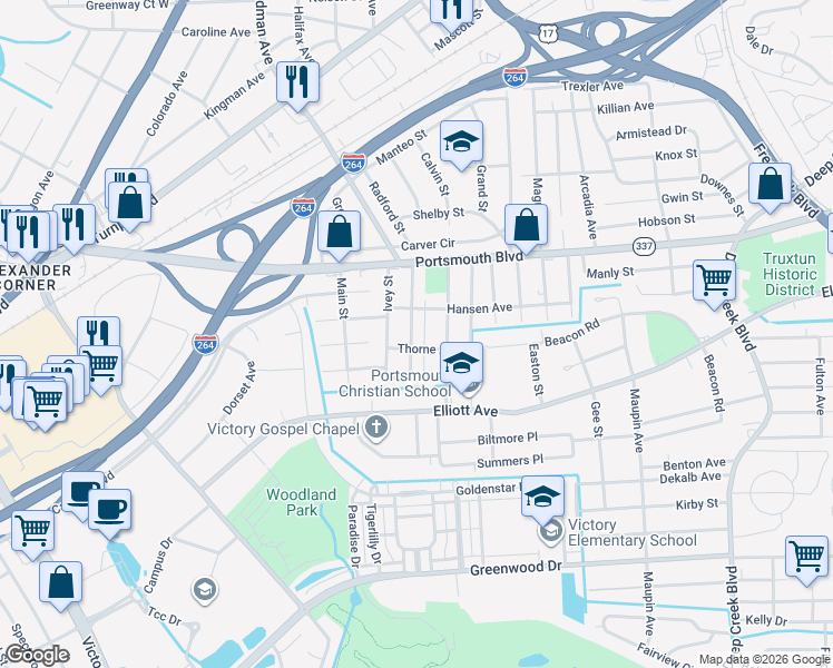map of restaurants, bars, coffee shops, grocery stores, and more near 213 Woodstock Street in Portsmouth