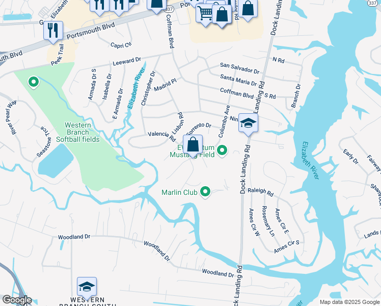 map of restaurants, bars, coffee shops, grocery stores, and more near 4140 Valencia Road in Chesapeake
