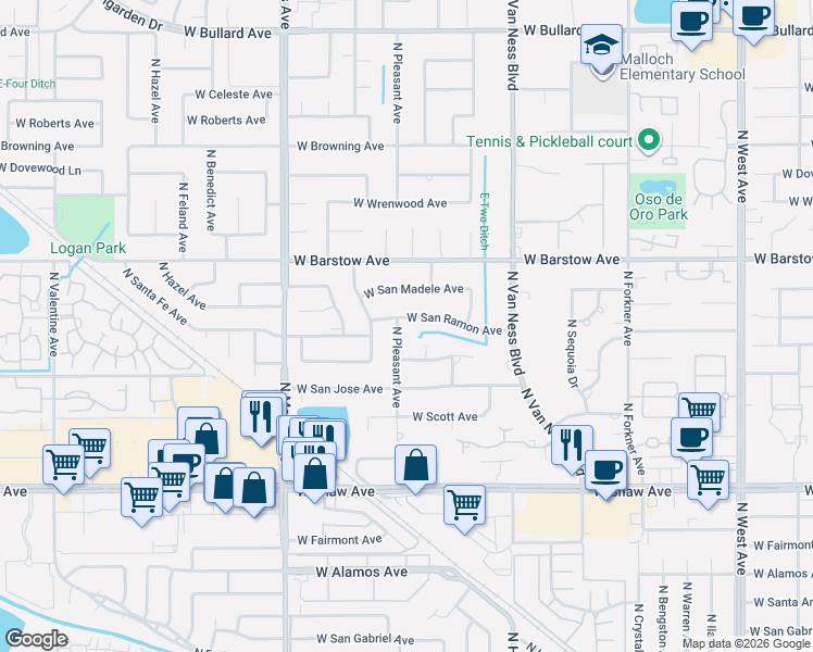 map of restaurants, bars, coffee shops, grocery stores, and more near 5250 North Pleasant Avenue in Fresno