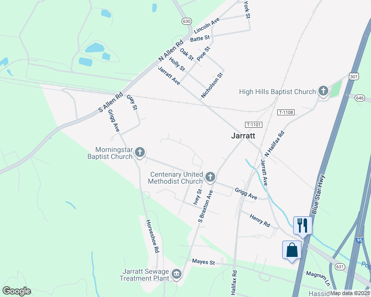 map of restaurants, bars, coffee shops, grocery stores, and more near 222 Park Street in Jarratt