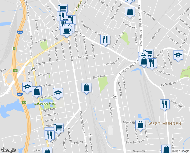map of restaurants, bars, coffee shops, grocery stores, and more near 1338 Hoover Avenue in Chesapeake
