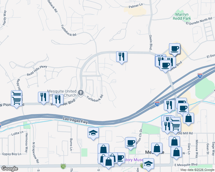 map of restaurants, bars, coffee shops, grocery stores, and more near 460 Turtleback Road in Mesquite