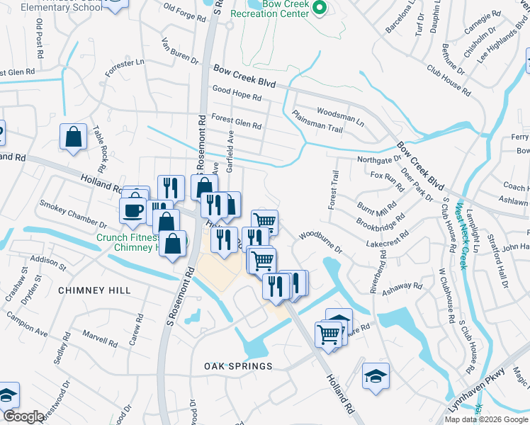 map of restaurants, bars, coffee shops, grocery stores, and more near 3407 Waltham Circle in Virginia Beach