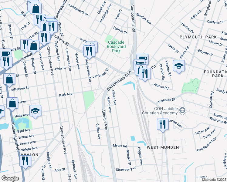 map of restaurants, bars, coffee shops, grocery stores, and more near 1408 Oliver Avenue in Chesapeake