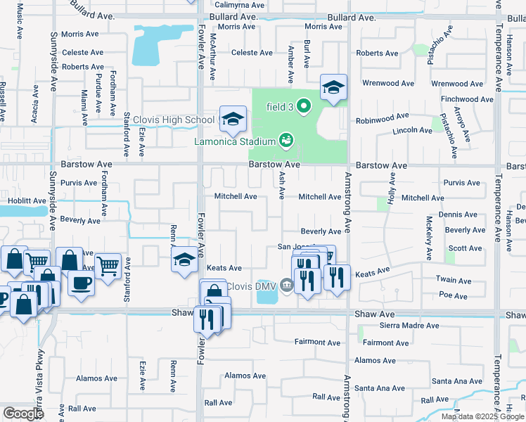 map of restaurants, bars, coffee shops, grocery stores, and more near 1531 Burgan Avenue in Clovis