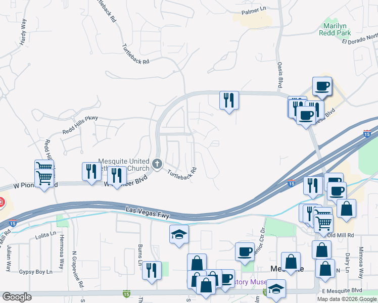 map of restaurants, bars, coffee shops, grocery stores, and more near 465 Turtleback Road in Mesquite