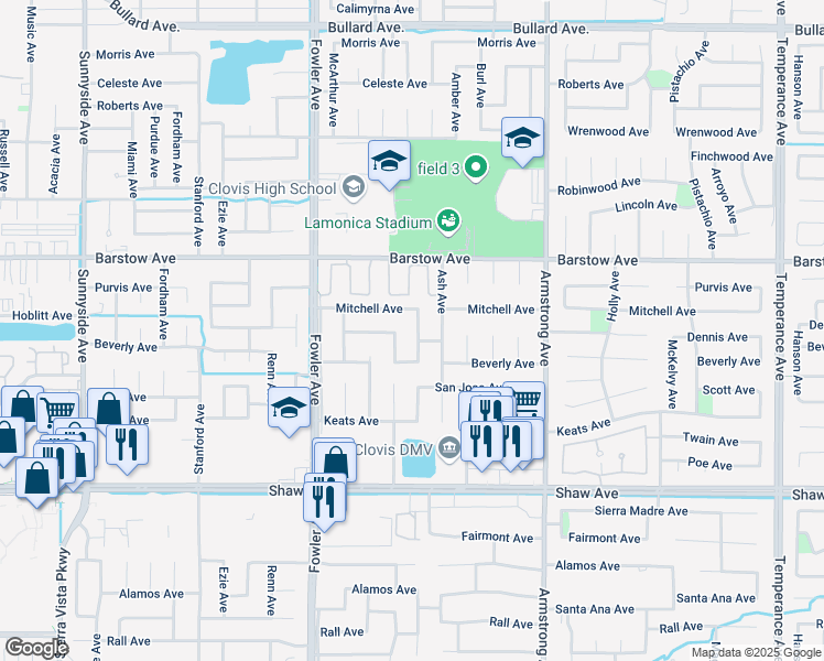 map of restaurants, bars, coffee shops, grocery stores, and more near 1531 Burgan Avenue in Clovis