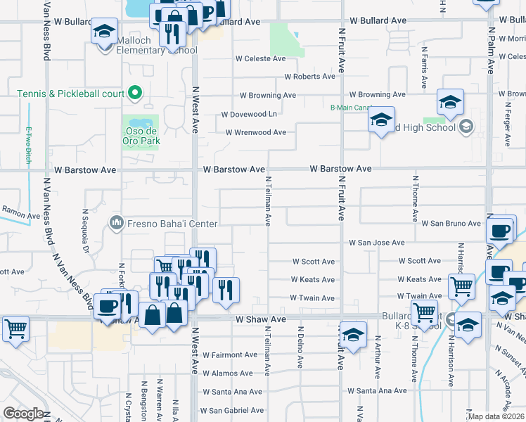 map of restaurants, bars, coffee shops, grocery stores, and more near 5256 North Teilman Avenue in Fresno