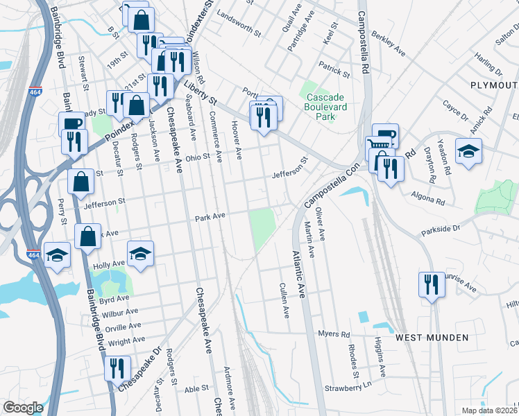 map of restaurants, bars, coffee shops, grocery stores, and more near 1408 Hoover Avenue in Chesapeake