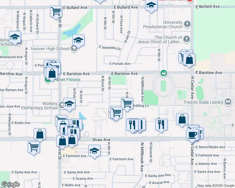 map of restaurants, bars, coffee shops, grocery stores, and more near 1348 East San Bruno Avenue in Fresno