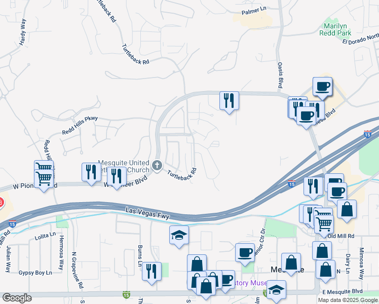map of restaurants, bars, coffee shops, grocery stores, and more near 465 Turtleback Road in Mesquite