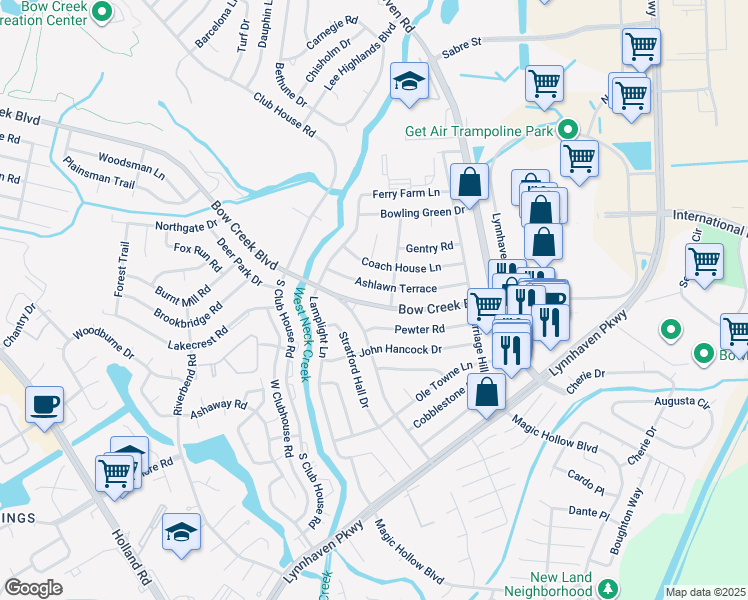 map of restaurants, bars, coffee shops, grocery stores, and more near 3076 Bow Creek Boulevard in Virginia Beach